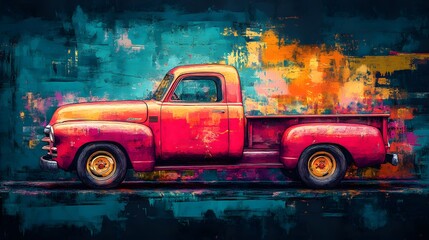 Vibrant Vintage Pickup Truck in Abstract Expressionist Style