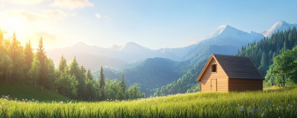 Fototapeta premium Picturesque Wooden Cabin in Verdant Meadow with Majestic Mountain View