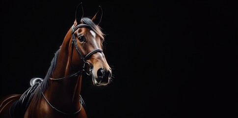 A majestic horse stands out against a dark background, showcasing its sleek coat and attentive expression, emphasizing elegance and strength.