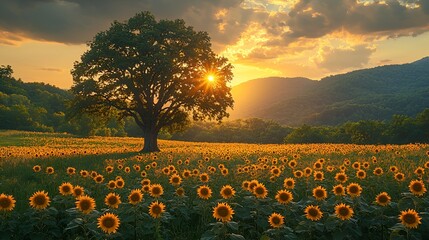Obraz premium Majestic oak tree silhouetted against a vibrant sunset over a vast sunflower field.