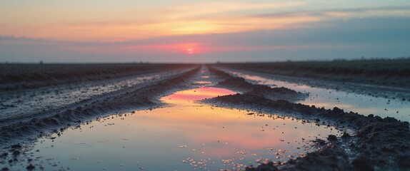 Sunset Landscape Mud Track Path Puddle Reflection.