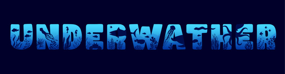 Underwater typography with sea animals and ocean landscape, vector silhouette. Undersea fishes and sea animals in cutout typography letters of underwater ocean octopus, turtle and coral reef jellyfish