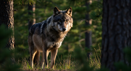 Fototapeta premium Solitary mexican wolf standing within sun-dappled pine forest setting