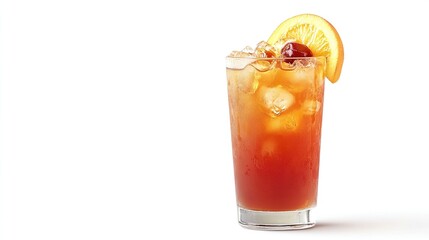 Iced tea with orange and cherry garnish.