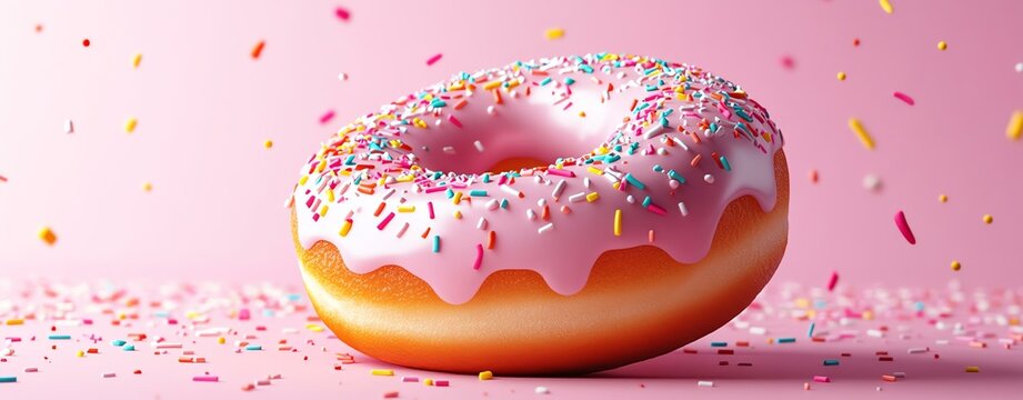 Colorful donut with sprinkles on a pink background.