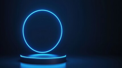 A glowing blue circle is situated on a sleek platform against a dark background, creating a modern, futuristic aesthetic.