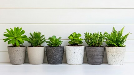 Colorful collection of potted succulents and ferns arranged on a white shelf in a bright indoor setting