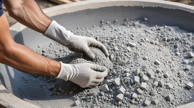 Hands mixing Portland cement powder with water and aggregate, creating a smooth mortar mix for construction use, detailed and focused