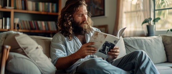 Obraz premium Man with long hair and beard reading a book on a couch in a cozy room, suitable for personal blogs and articles about reading.