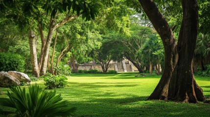 Obraz premium The vibrant greenery surrounding Chichen Itza, with tropical trees and plants providing a stark contrast to the ancient ruins of the city, giving a sense of its historical grandeur