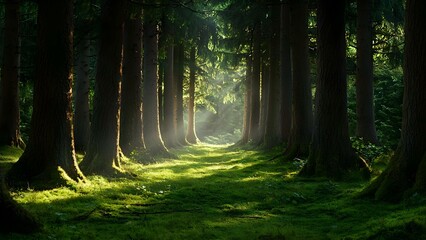 A serene forest pathway lined with tall trees and illuminated by soft, natural light filtering through the leaves. Concept Serene Forest Pathway, Tall Trees, Natural Light, Tranquil Atmosphere