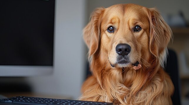 A cheerful dog happily sitting next to a desk, enjoying a treat as its owner works from home 