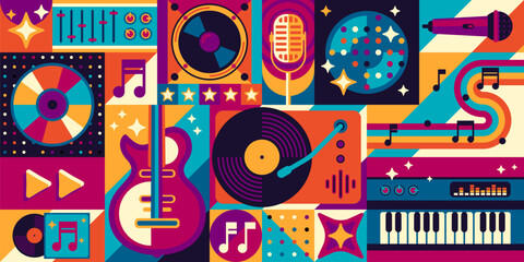 Music geometric shapes pattern with musical instruments in retro art, vector background. Modern geometric pattern of disco music CD and retro vinyl disc with guitar, synthesizer and musical notes © Vector Tradition