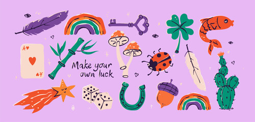 Obraz premium Vector decorating design elements of Lucky Charms, bring wealth and prosperity, Good Luck. Collection of flat elements on isolated background.