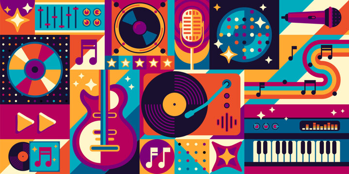 Music geometric shapes pattern with musical instruments in retro art, vector background. Modern geometric pattern of disco music CD and retro vinyl disc with guitar, synthesizer and musical notes