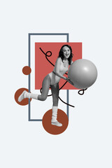 Creative sketch design artwork collage of young lady sportwoman stand hand hold fitness ball sexy coach uniform gym healthy lifestyle