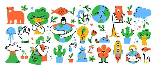 Fototapeta premium Cartoon eco stickers save the ocean in retro groovy style. Water, environmental stickers, bio, environmental protection. World Water Day Label