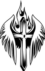 Christianity cross tattoo with fire and wings. Vector black and white cross flanked by angelic wings symbolizes faith, protection, strength and power blending holy spiritual and religious elements