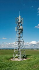 Mobile phone tower stands tall against a clear sky in an open field, showcasing advanced communication technology