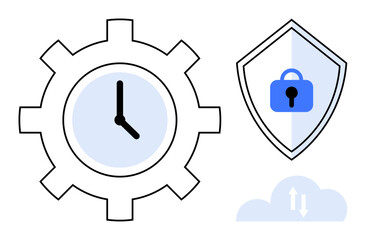 Gear-shaped clock represents time management, shield with lock icon indicates cybersecurity, cloud with arrows symbolizes cloud computing. Ideal for productivity, security, cloud computing, IT