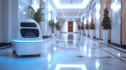 futuristic autonomous delivery robot with white design and glowing blue interface navigates the corridor of a modern hotel. AI Innovation, Intelligent Automation and Robotics in the Service Industry