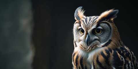 Intense gaze of a majestic owl in dim light