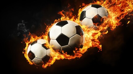 Fototapeta premium soccer balls on fire, against a black background
