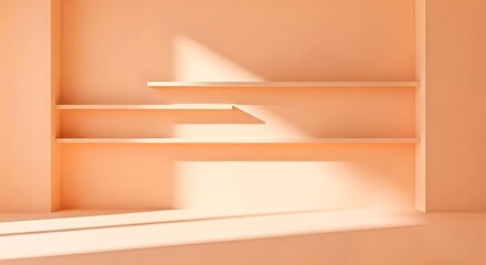 Fototapeta premium A pastel apricot-colored room with built-in shelves and a soft glow of sunshine, Ai Generated