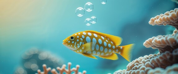 Obraz premium Yellow Spotted Fish Swims Near Coral Reef