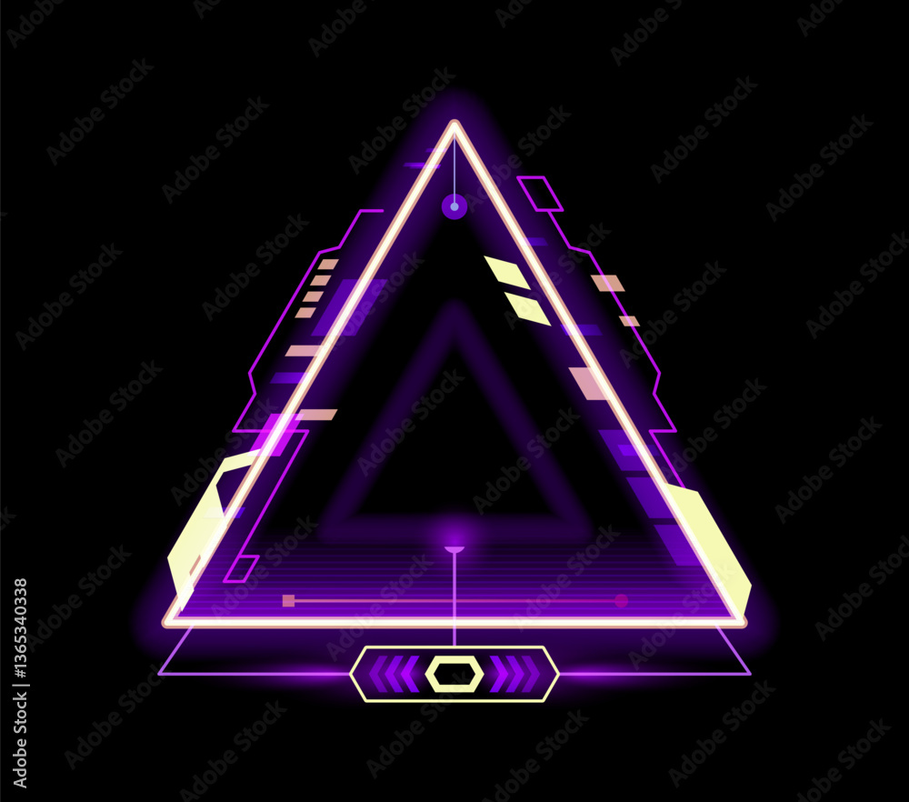 Poster Computer game futuristic neon HUD design frame. Mobile gaming cyber led HUD design border, computer arcade vector electronic interface banner. SCI FI game futuristic overlay triangular violet frame