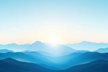 A serene view of layered mountains under a clear sky at sunrise, creating a tranquil and peaceful atmosphere.