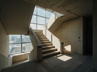 Obraz premium Sturdy concrete stairwell showcasing unfinished architecture in a modern building with ample natural light