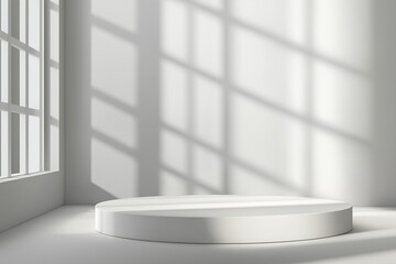 Fototapeta premium A white wall studio room with light and shadow effects on a 3D podium for product design, perfect for spring or summer. The interior kitchen has an abstract light texture from the window on the floor.