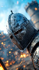 Weathered Medieval Knight Helmet Amidst Fiery Battle Scene