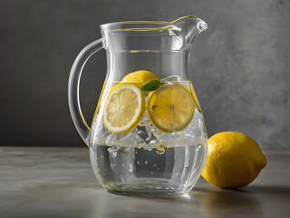 Fresh Lemon Infusion: A refreshing visual of a glass pitcher filled with sparkling water, infused with vibrant lemon slices and ice, perfect for a hot summer day.