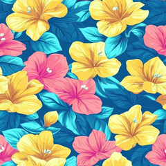 Obraz premium Vibrant floral pattern with yellow and pink hibiscus flowers, Summer Textile Seamless Pattern Background