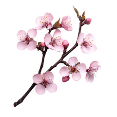 Cherry blossom branch with subtle shadows, isolated on white background