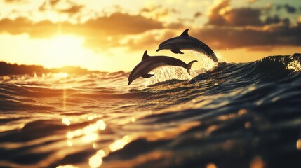 An artistic sunset composition with dolphins suspended mid-jump over gentle waves, reflecting warm hues