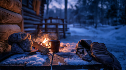 雪の中の焚き火と温もりある冬のキャンプ風景