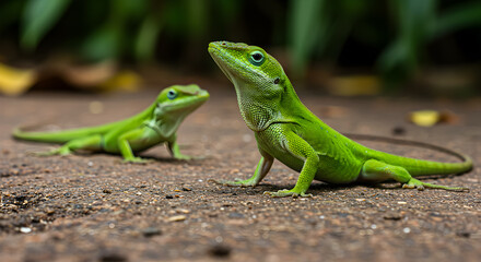 Fototapeta premium Two vibrant green anoles displayed on a textured surface with blurred foliage background