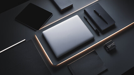 Overhead view of gray laptop, tablet, notebooks, and pens on dark gray surface with subtle lighting, showcasing a minimalist workspace concept ideal for technology or business presentations