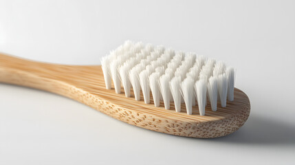 Eco-Friendly Oral Hygiene: An eco-friendly bamboo toothbrush lies on a minimalist background, representing a commitment to sustainable living and dental care.