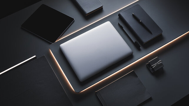 Overhead view of gray laptop, tablet, notebooks, and pens on dark gray surface with subtle lighting, showcasing a minimalist workspace concept ideal for technology or business presentations