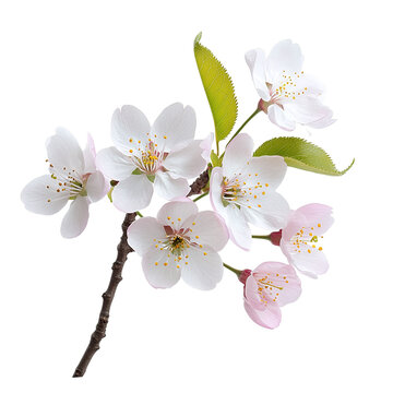 Cherry blossom sprig with a few open flowers, isolated on white background