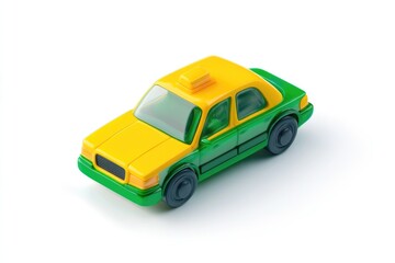 This cheerful toy taxi car, colored in vivid yellow and green, evokes feelings of joy and nostalgia, representing childhood play and creativity in a fun, imaginative design.