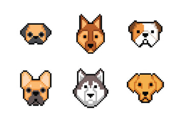 Pixel Art Dog Head Isolated Set Collection	