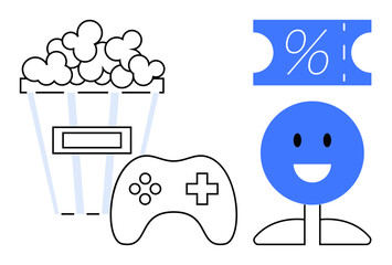 Bucket of popcorn, game controller, smiling face, and discount ticket. Ideal for entertainment, gaming, leisure, discounts, promotions events social gatherings abstract line flat metaphor