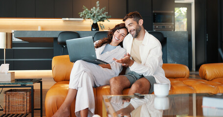Home, funny and couple on sofa, laptop and connection with online comedy in living. Apartment, man...