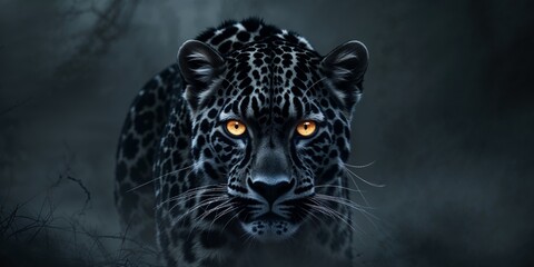 Obraz premium Intense Gaze of a Majestic Black Leopard in the Dark with Glowing Eyes.