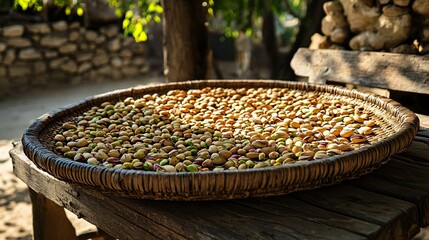 A large handwoven tray displaying freshly shelled pistachios drying in the sun, placed on an old wooden bench